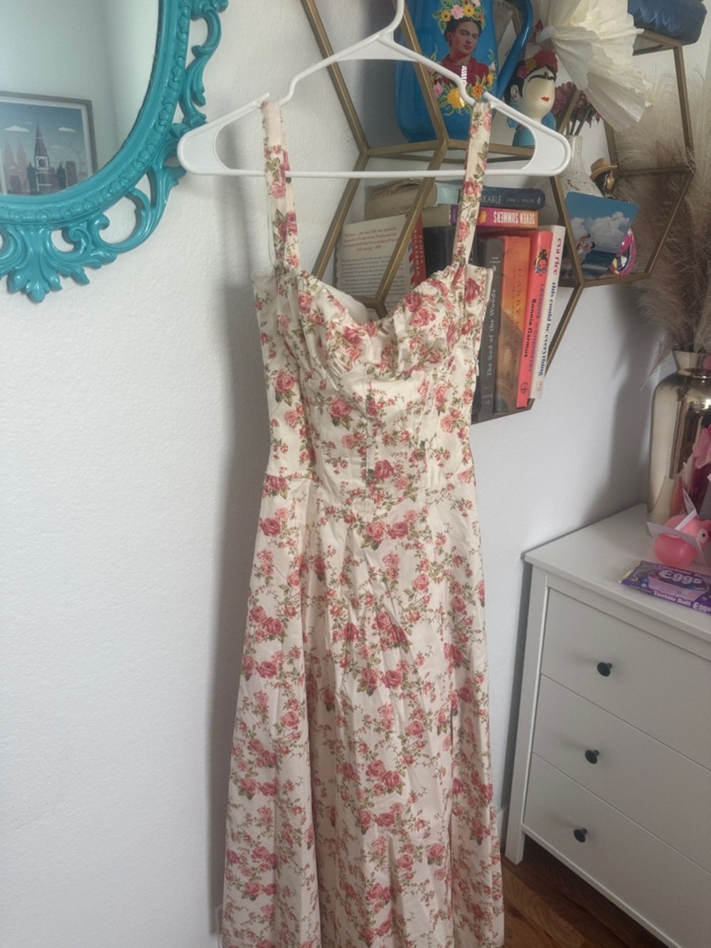 House of CB Cream Floral Midi Dress with Pink Roses